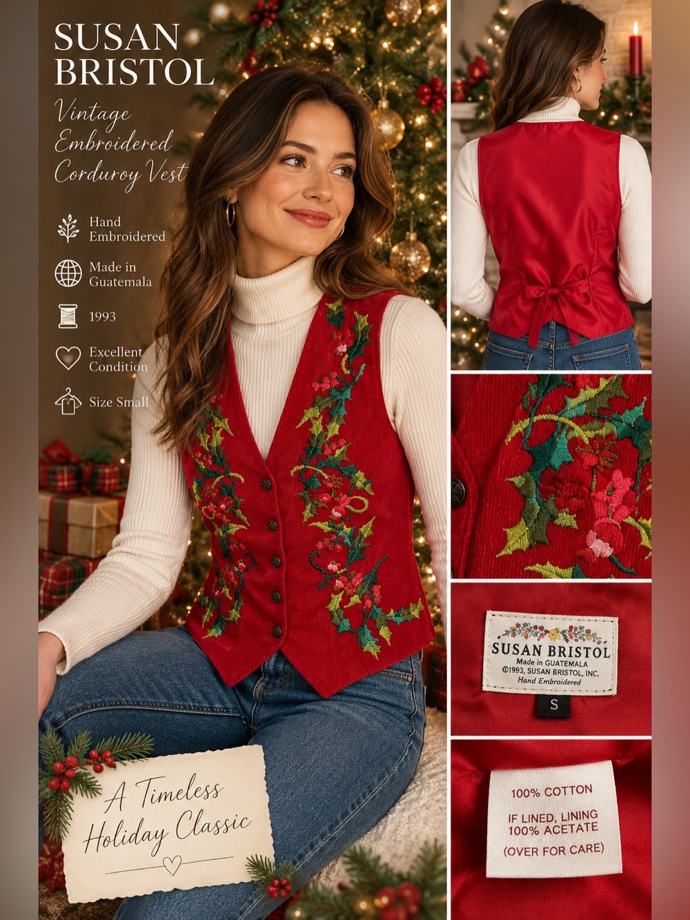 Susan Bristol Vintage 1993 Red Corduroy Hand Embroidered Holiday Vest S